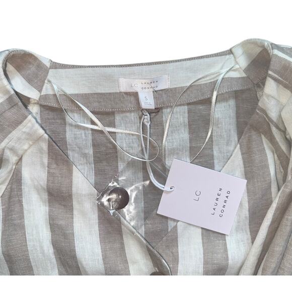 LC Lauren Conrad Knot-Sleeve Button-Front beige white striped Linen top NWT - Picture 3 of 9